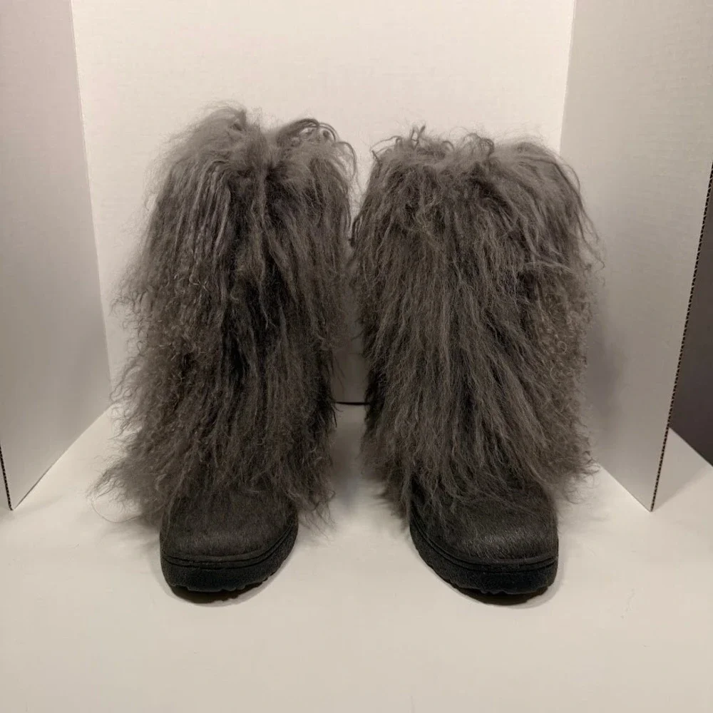 Bearpaw Boetis Grey Shaggy Fur Boots Cow Hair Curly Lamb Wool Sheep Womens 8